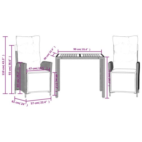 3-Piece Outdoor Dining Set Garden Patio Bistro Chairs Wicker Rattan Furniture - Image 8