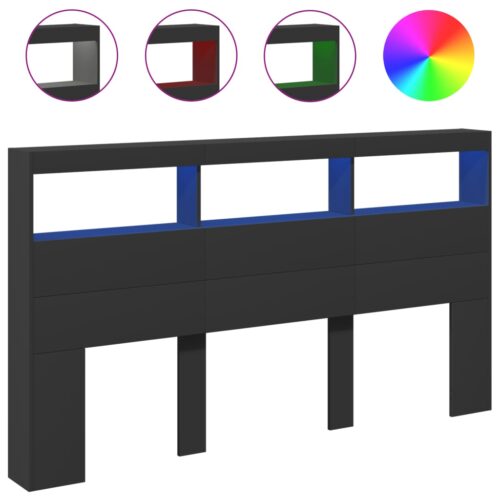Headboard Cabinet with LED Black 180x17x102cm