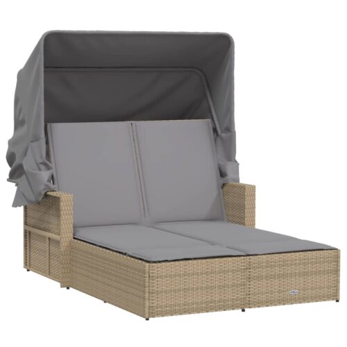 Double Sun Lounger with Canopy Cushions Mix Beige Poly Rattan