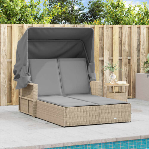 Double Sun Lounger with Canopy Cushions Mix Beige Poly Rattan - Image 2