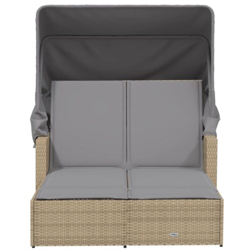 Double Sun Lounger with Canopy Cushions Mix Beige Poly Rattan - Image 4
