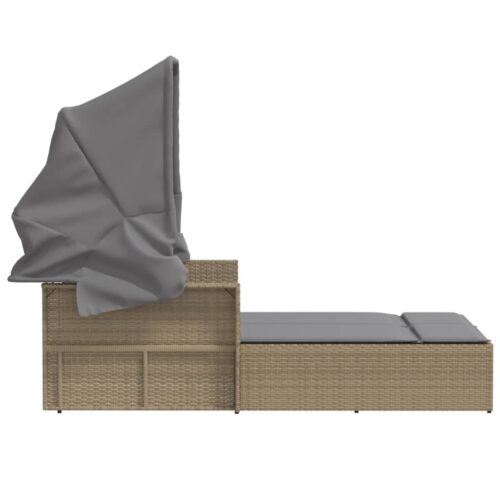 Double Sun Lounger with Canopy Cushions Mix Beige Poly Rattan - Image 5