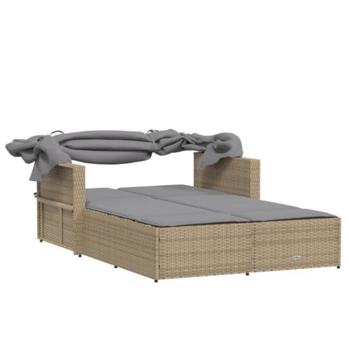 Double Sun Lounger with Canopy Cushions Mix Beige Poly Rattan - Image 7