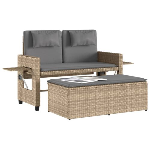 Reclining Garden Bench with Cushions Beige Poly Rattan - Image 3