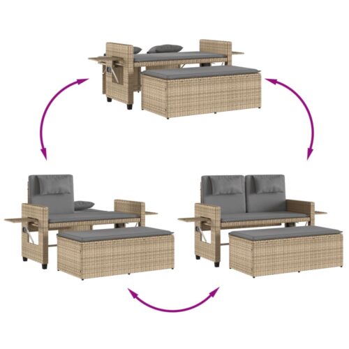 Reclining Garden Bench with Cushions Beige Poly Rattan - Image 8