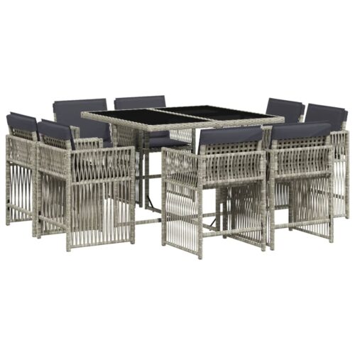 9-Piece Garden Dining Set with Cushions Light Grey Poly Rattan Wicker Outdoor Patio Furniture