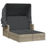 Double Sun Lounger with Canopy Cushions Grey Poly Rattan