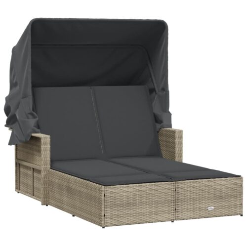 Double Sun Lounger with Canopy Cushions Grey Poly Rattan