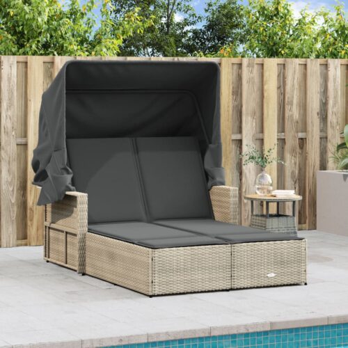 Double Sun Lounger with Canopy Cushions Grey Poly Rattan - Image 11