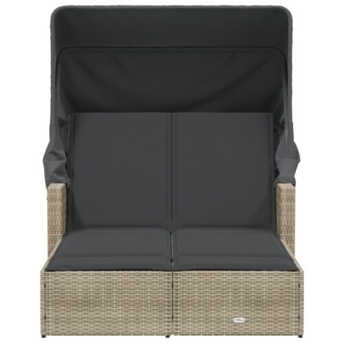 Double Sun Lounger with Canopy Cushions Grey Poly Rattan - Image 3