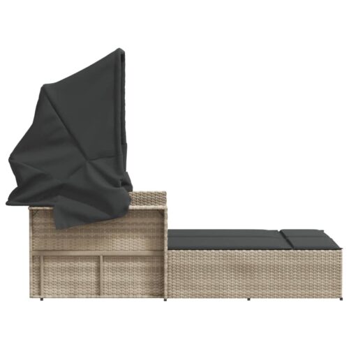 Double Sun Lounger with Canopy Cushions Grey Poly Rattan - Image 4