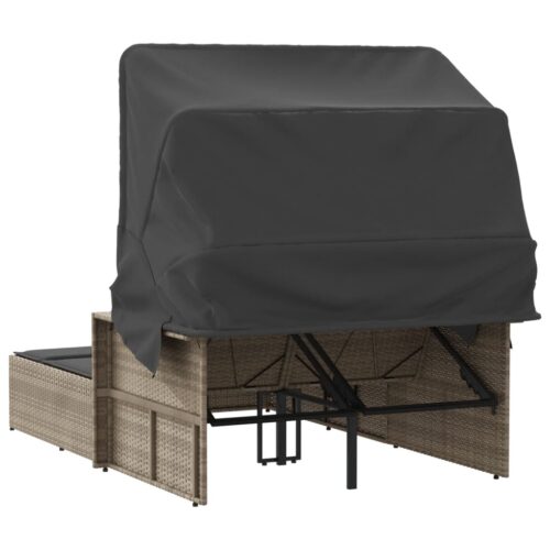 Double Sun Lounger with Canopy Cushions Grey Poly Rattan - Image 5