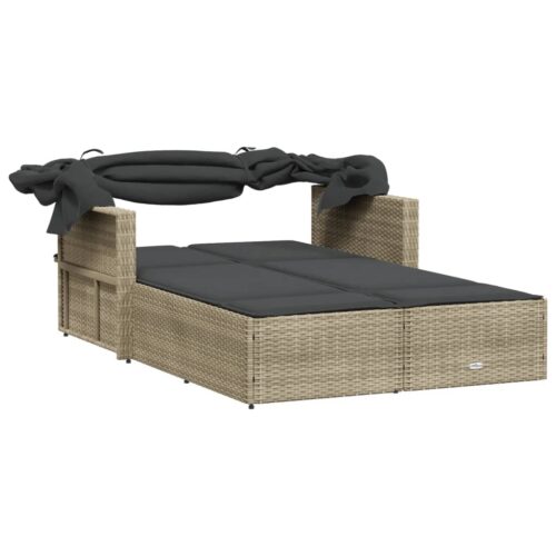 Double Sun Lounger with Canopy Cushions Grey Poly Rattan - Image 6
