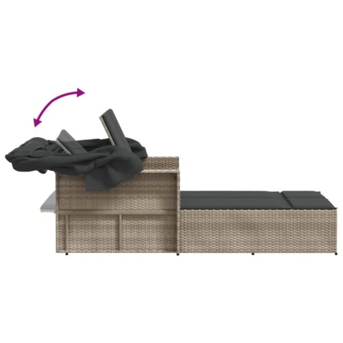 Double Sun Lounger with Canopy Cushions Grey Poly Rattan - Image 7