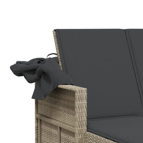 Double Sun Lounger with Canopy Cushions Grey Poly Rattan - Image 9