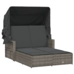Double Sun Lounger with Canopy Cushions Grey Poly Rattan