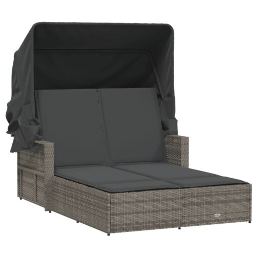 Double Sun Lounger with Canopy Cushions Grey Poly Rattan