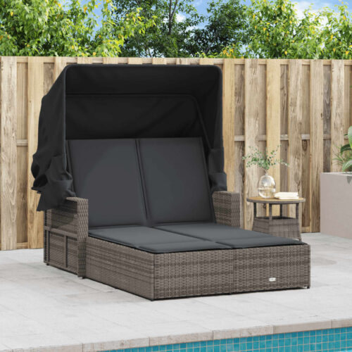 Double Sun Lounger with Canopy Cushions Grey Poly Rattan - Image 2