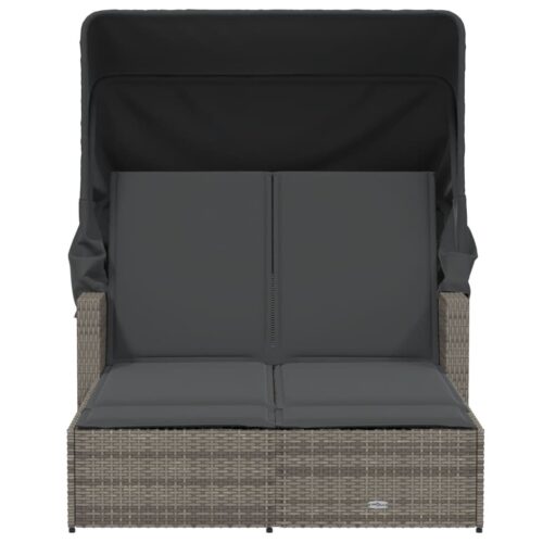 Double Sun Lounger with Canopy Cushions Grey Poly Rattan - Image 4