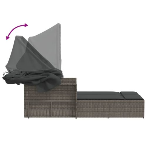 Double Sun Lounger with Canopy Cushions Grey Poly Rattan - Image 9