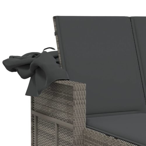 Double Sun Lounger with Canopy Cushions Grey Poly Rattan - Image 10