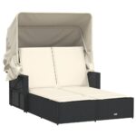 Double Sun Lounger with Canopy Cushions Black Poly Rattan
