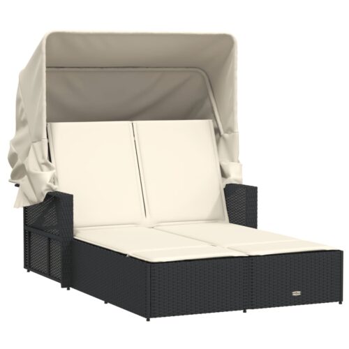 Double Sun Lounger with Canopy Cushions Black Poly Rattan