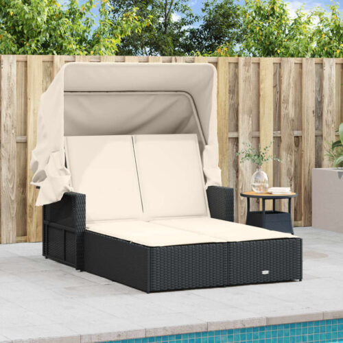 Double Sun Lounger with Canopy Cushions Black Poly Rattan - Image 2
