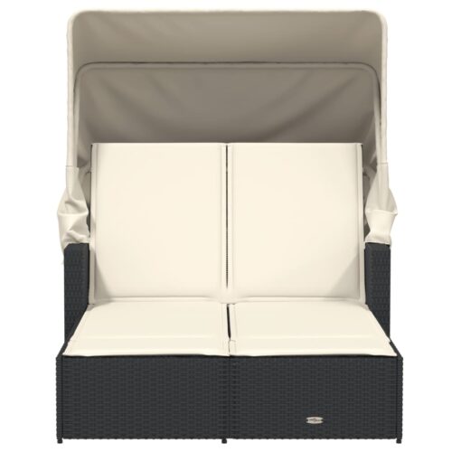 Double Sun Lounger with Canopy Cushions Black Poly Rattan - Image 4