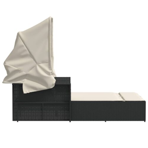 Double Sun Lounger with Canopy Cushions Black Poly Rattan - Image 5