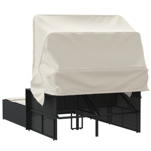 Double Sun Lounger with Canopy Cushions Black Poly Rattan - Image 6