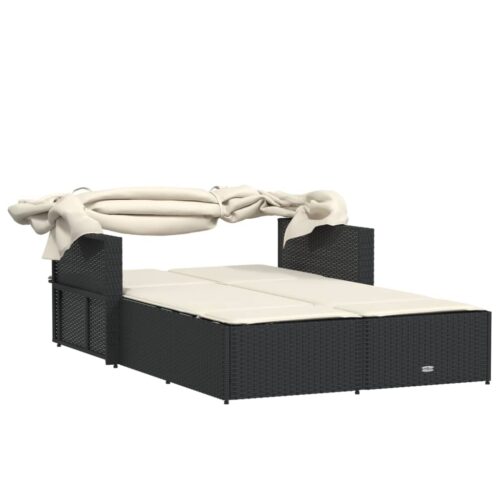 Double Sun Lounger with Canopy Cushions Black Poly Rattan - Image 7