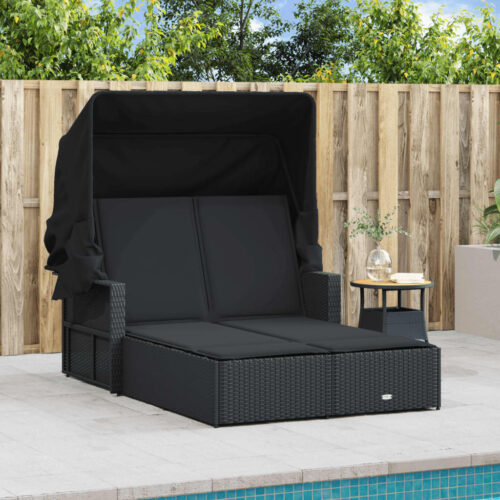 Double Sun Lounger with Canopy Cushions Black Poly Rattan - Image 2