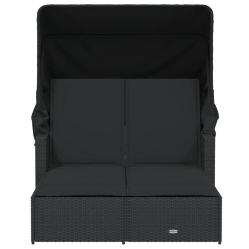 Double Sun Lounger with Canopy Cushions Black Poly Rattan - Image 4