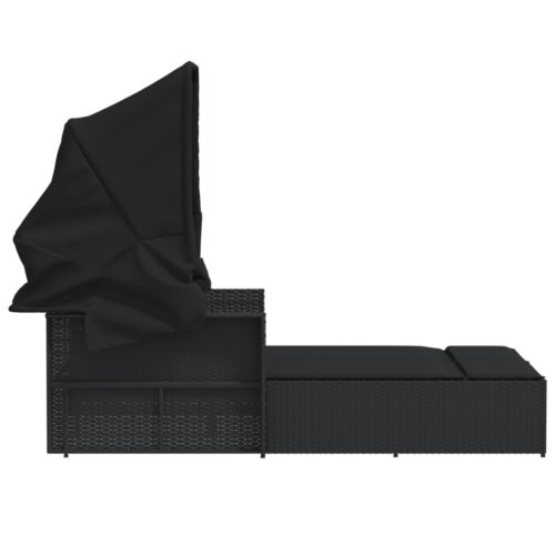 Double Sun Lounger with Canopy Cushions Black Poly Rattan - Image 5