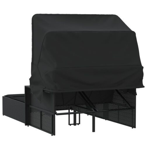 Double Sun Lounger with Canopy Cushions Black Poly Rattan - Image 6