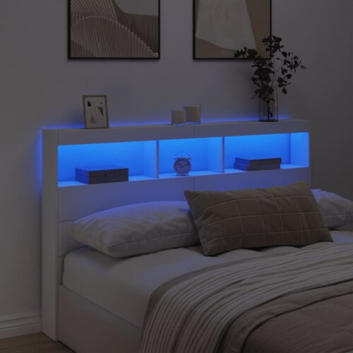 Headboard Cabinet with LED White 160x17x102cm - Image 4