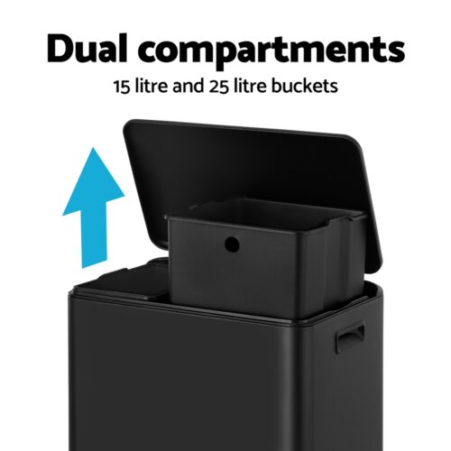 Cefito Pedal Bins Rubbish Bin Dual Compartment Waste Recycle Dustbins 40L Black - Image 4