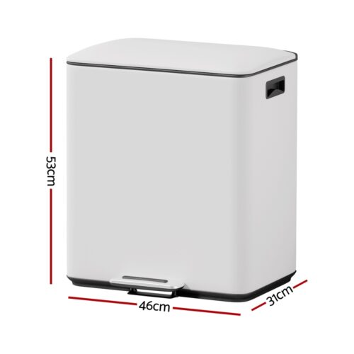 Cefito Pedal Bins Rubbish Bin Dual Compartment Waste Recycle Dustbins 40L White - Image 2