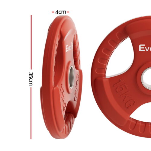 Everfit Weight Plates Standard 15kg Dumbbell Barbell Plate Weight Lifting Home Gym Red - Image 2