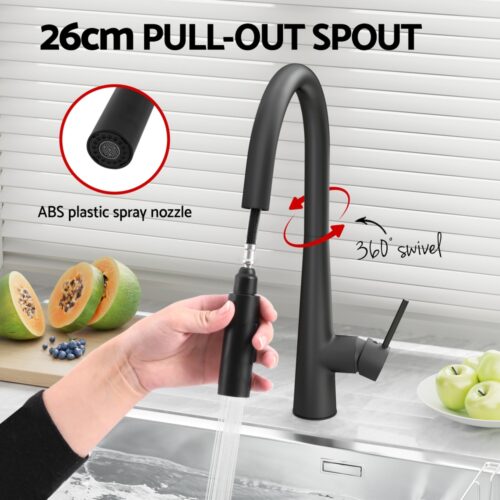 Kitchen Mixer Tap Pull Out Round 2 Mode Sink Basin Faucet Swivel WELS Black - Image 4