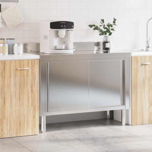 Kitchen Work Table with Sliding Doors Stainless Steel - Image 3