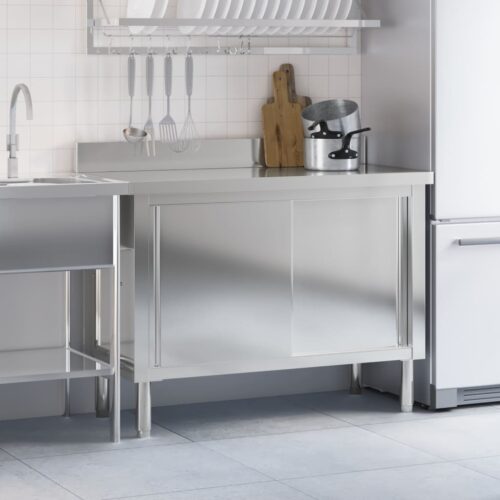 Kitchen Work Table with Sliding Doors Stainless Steel - Image 4