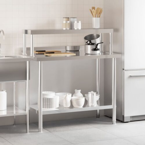 Kitchen Work Table with Overshelf 110x55x120cm Stainless Steel - Image 3