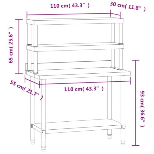 Kitchen Work Table with Overshelf 110x55x150cm Stainless Steel - Image 8