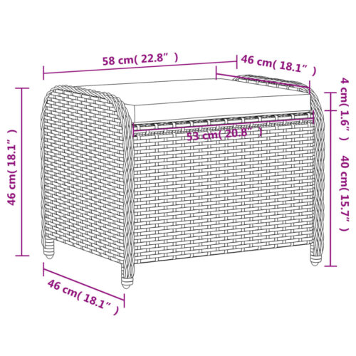 Outdoor Garden Stool Wicker Rattan Patio Ottoman Padded Bench Seat Black 58x46x46cm - Image 9