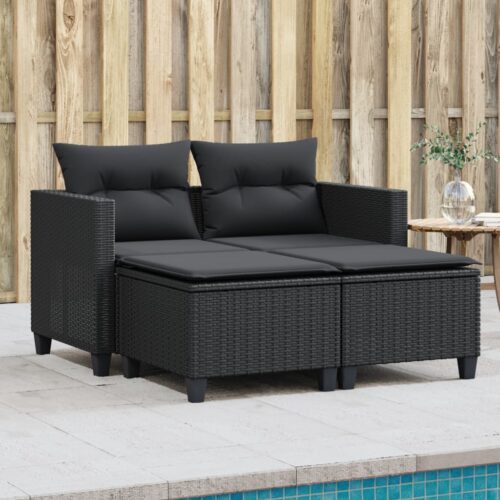 Garden Sofa 2-Seater with Stools Black Poly Rattan - Image 2