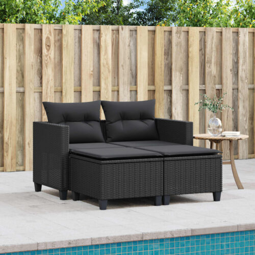 Garden Sofa 2-Seater with Stools Black Poly Rattan - Image 3
