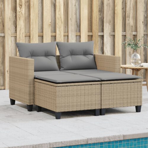 Garden Sofa 2-Seater with Stools Beige Poly Rattan - Image 2