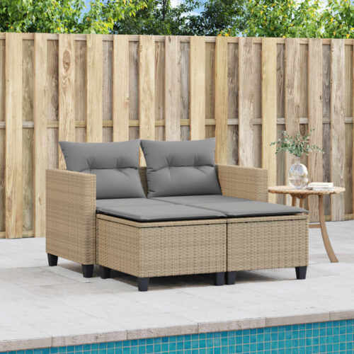 Garden Sofa 2-Seater with Stools Beige Poly Rattan - Image 3